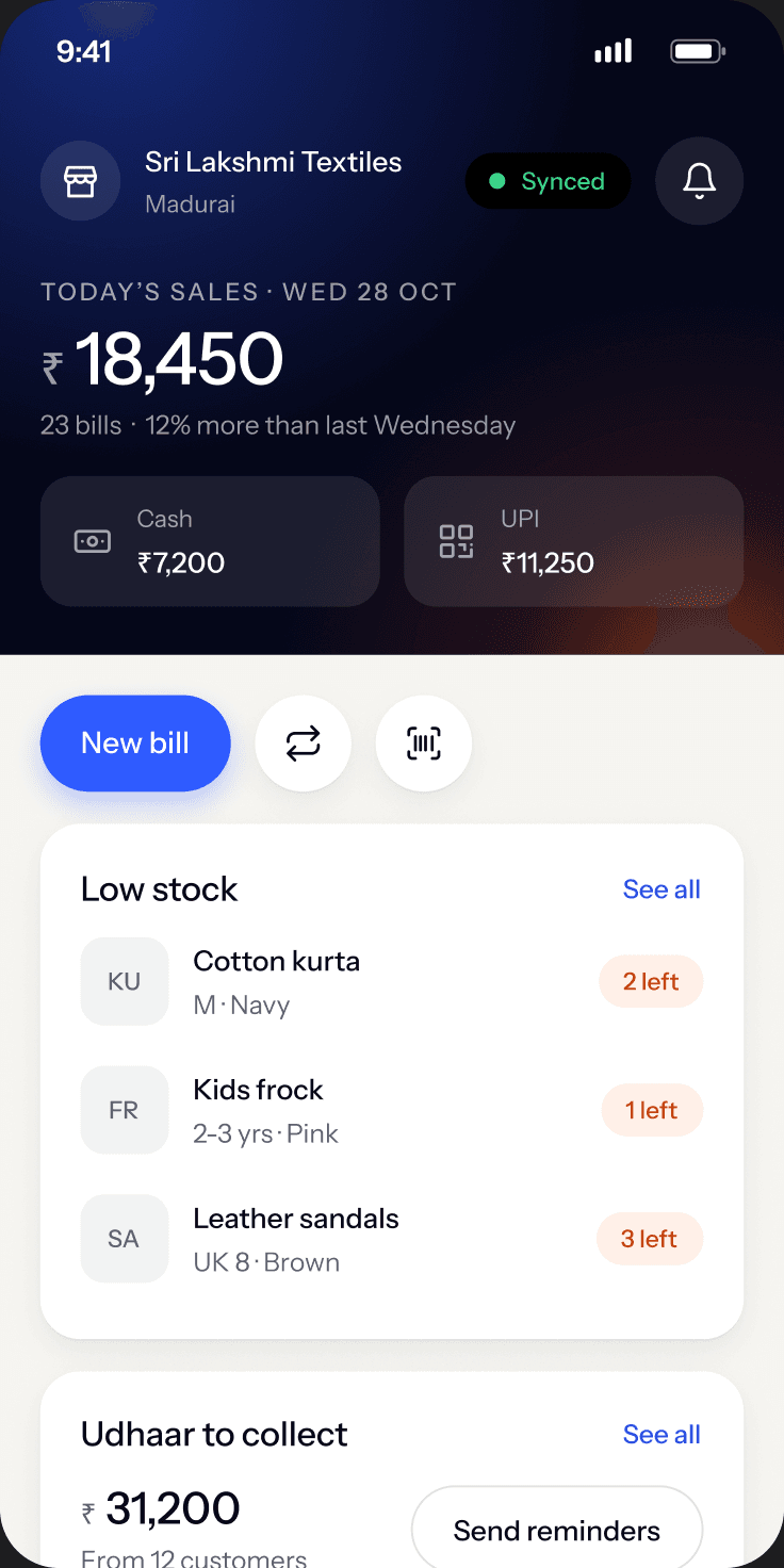 Olikai Billing on a phone showing today’s sales, a New bill button and low stock items