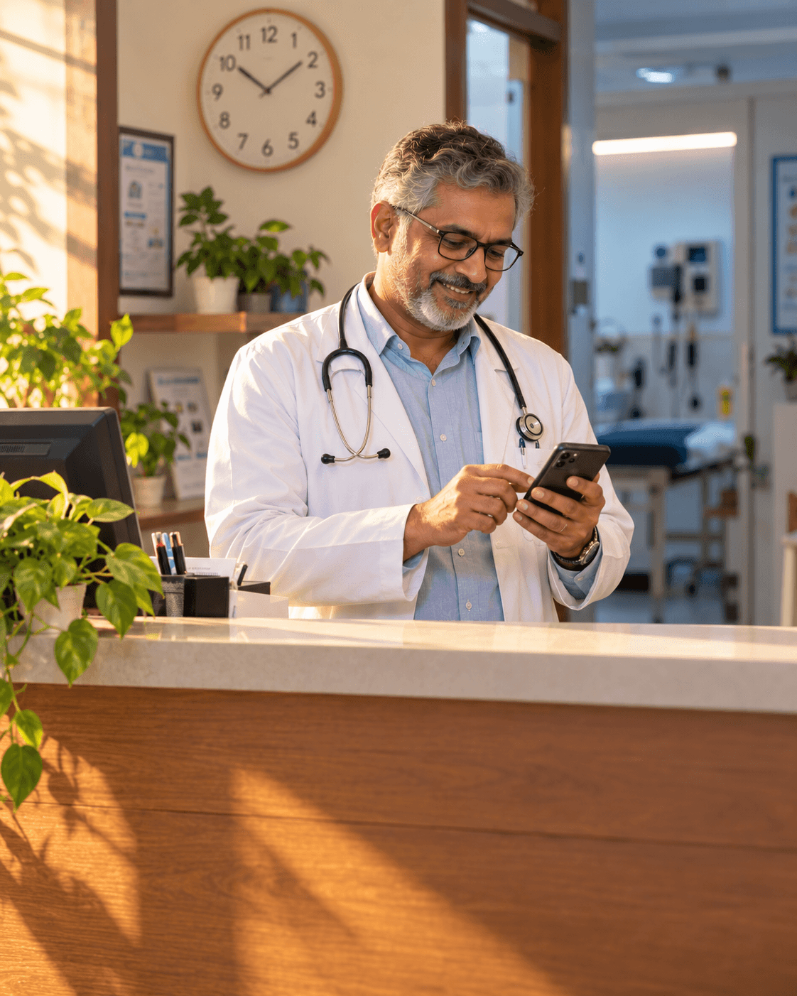 Doctor at a clinic front desk checking his phone