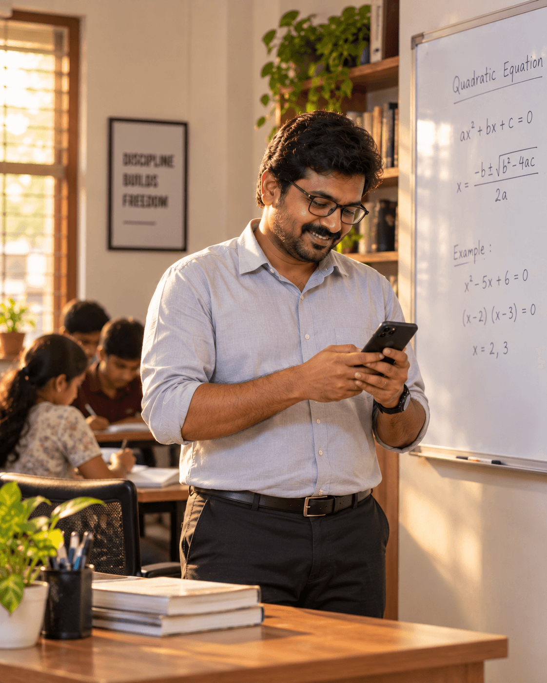 Teacher in a coaching class checking his phone in front of a whiteboard