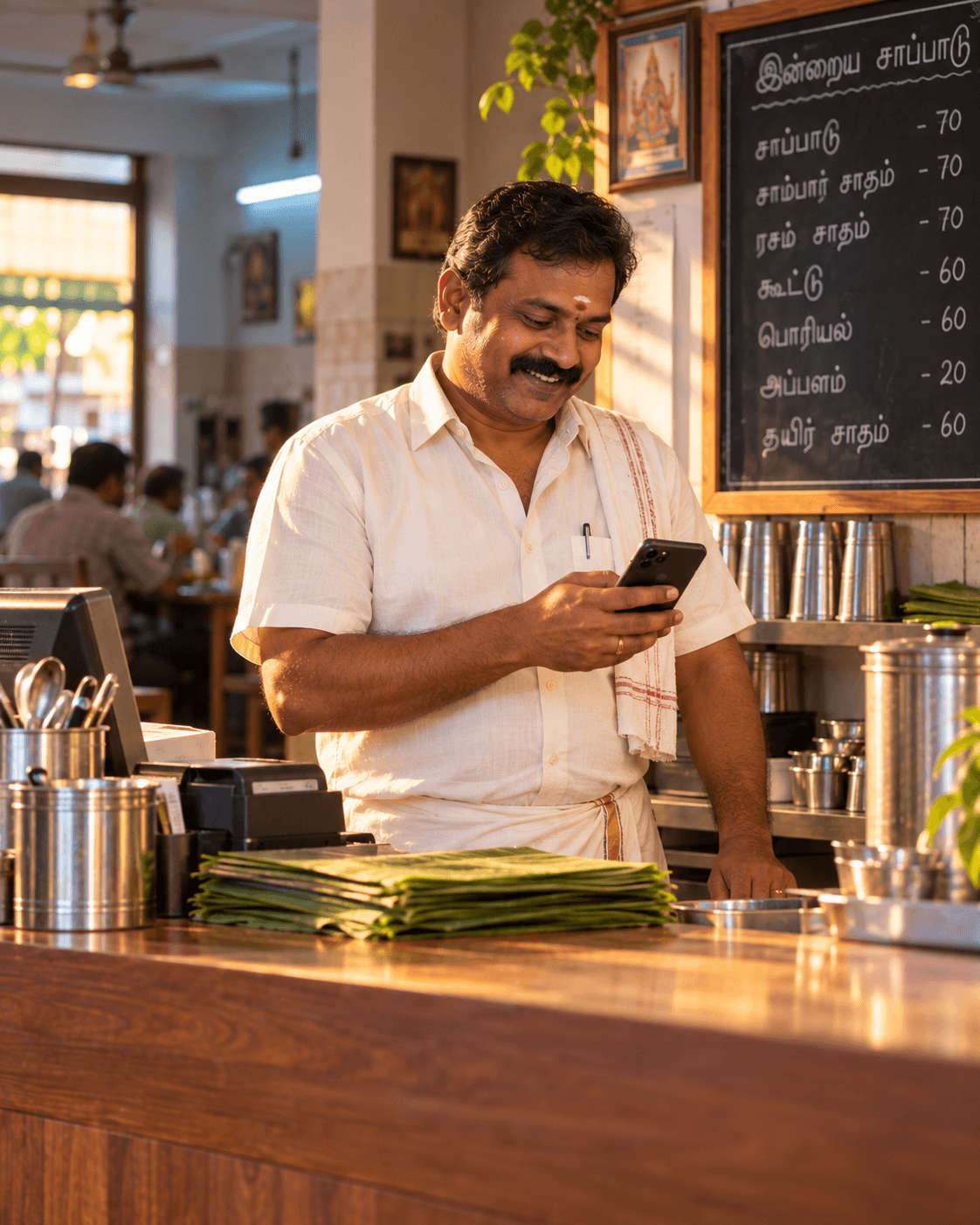 Restaurant owner at the counter checking his phone, with a Tamil menu board behind him