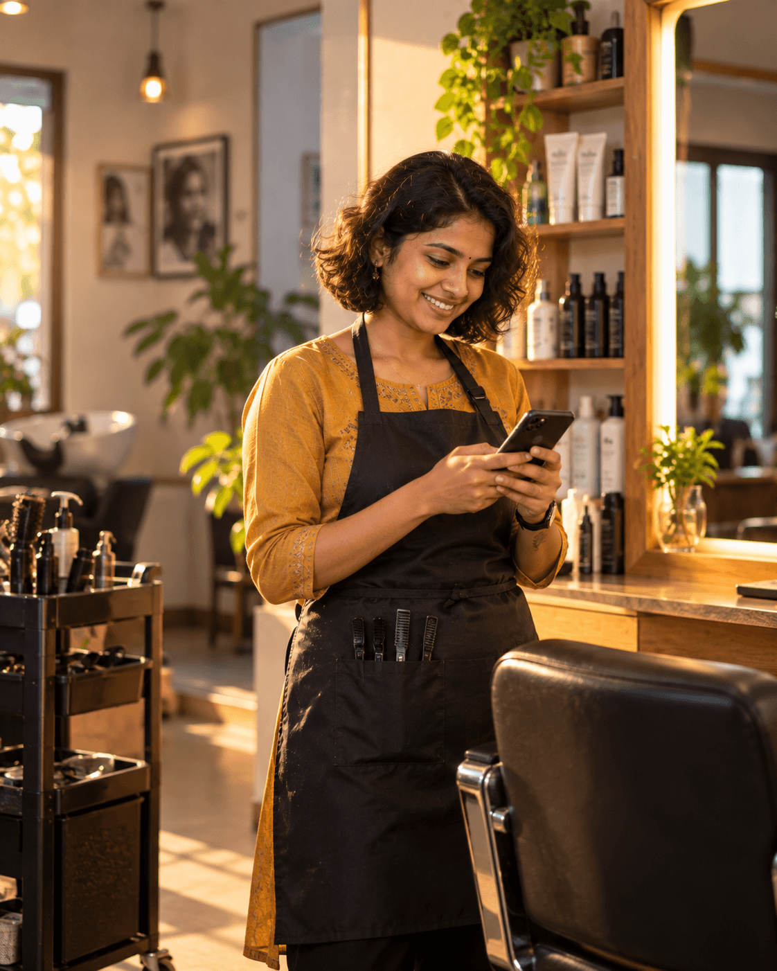 Salon owner in an apron smiling at her phone beside a styling chair