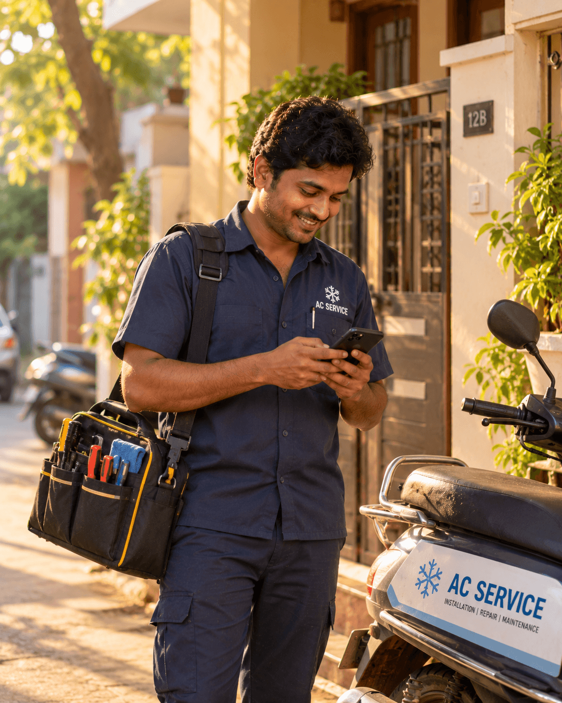 AC service technician with his tool bag checking his phone beside his scooter