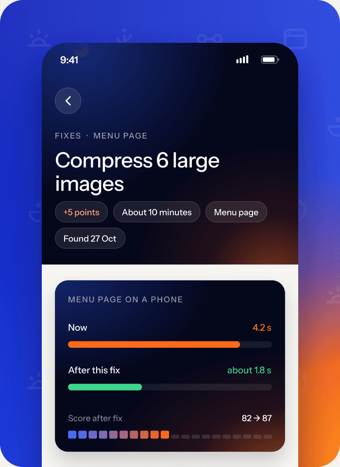 Olikai Site Manager fix guide on a phone: the menu page opens in 4.2 seconds now and about 1.8 seconds after the fix