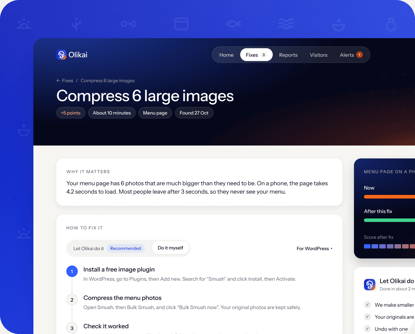 Olikai Site Manager fix guide: compress 6 large images, with why it matters and step-by-step help