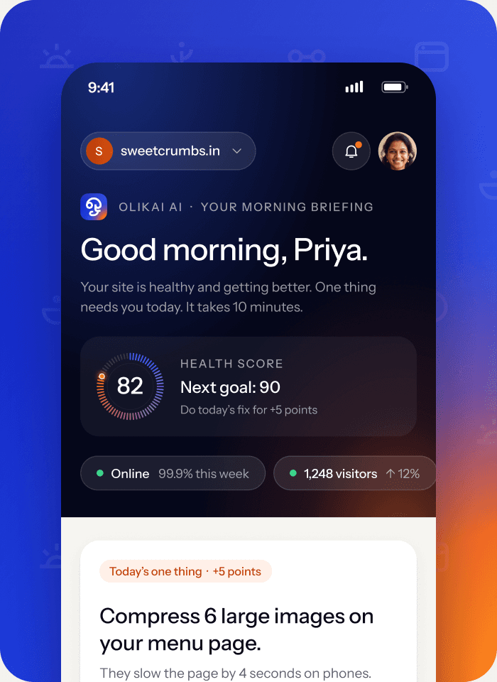 Olikai Site Manager home screen on a phone with a health score of 82 and a next goal of 90