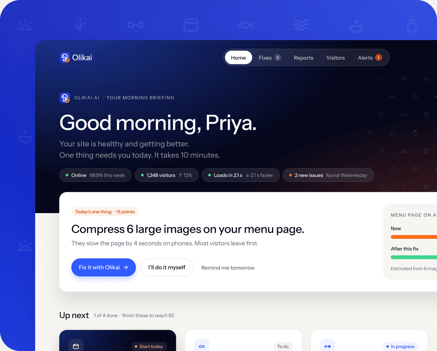 Olikai Site Manager home screen with a website score of 82 and today’s fix: compress 6 large images on the menu page