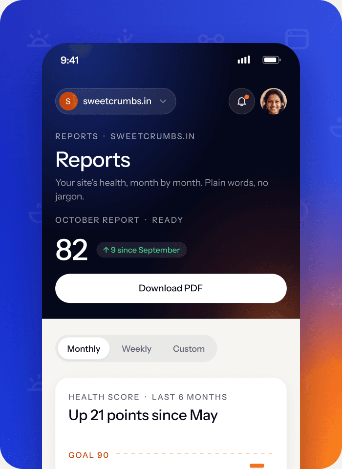 Olikai Site Manager October report on a phone: score 82, up 9 since September, with a Download PDF button