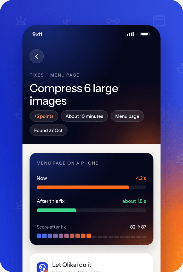 Olikai Site Manager fix screen on a phone: compress 6 large images, about 10 minutes, score 82 to 87