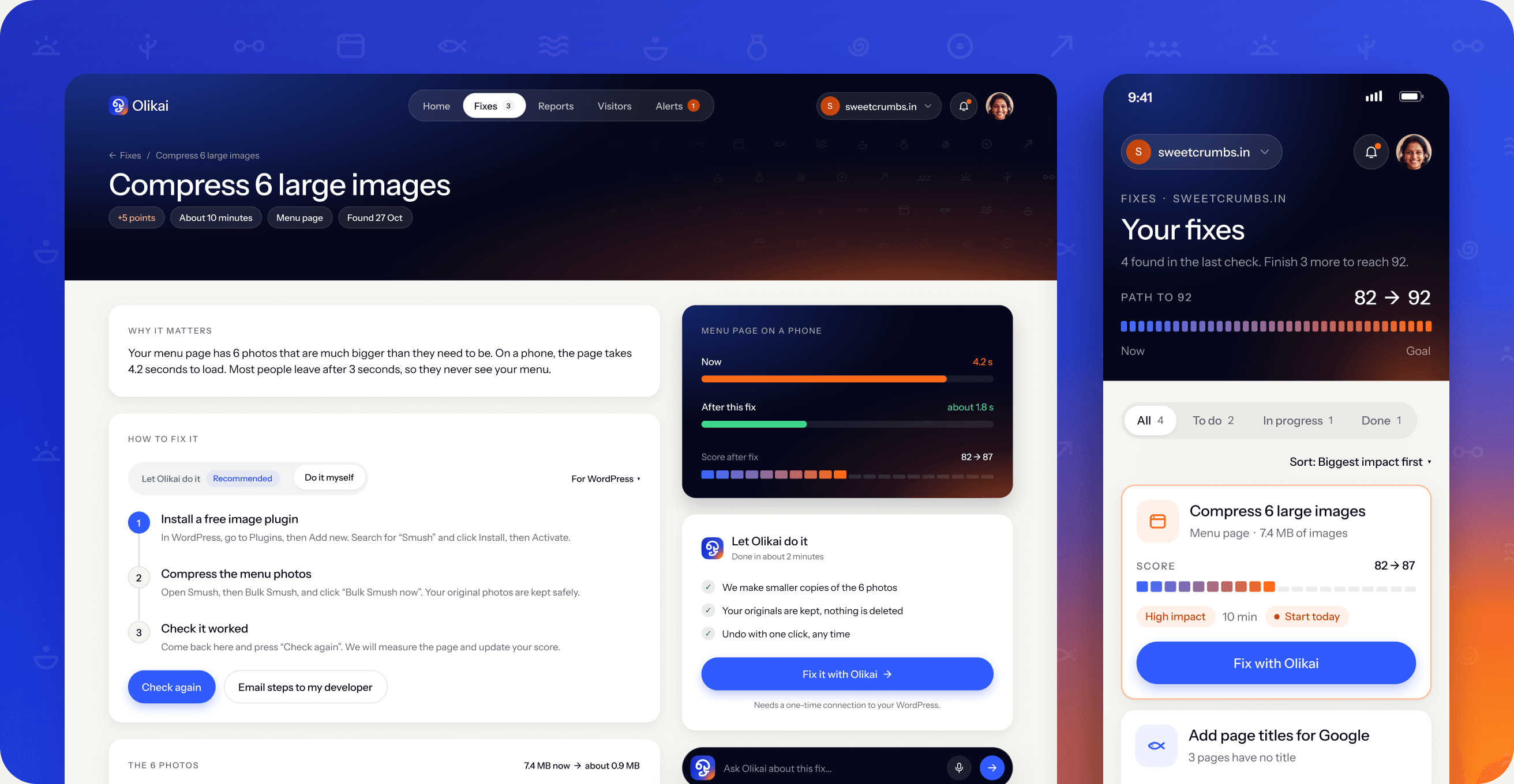 Olikai Site Manager fix screen: compress 6 large images on the menu page, with why it matters, three simple steps and the score going from 82 to 87