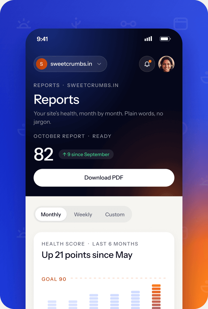 Olikai Site Manager reports screen on a phone: October score 82 with a six-month chart